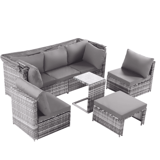 Conjunto de lounge de jardim - Mobiliário exterior - Com sofá com toldo, pufes, poltronas e mesa - Cinza