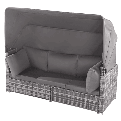 Conjunto de lounge de jardim - Mobiliário exterior - Com sofá com toldo, pufes, poltronas e mesa - Cinza