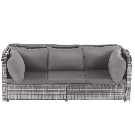 Conjunto de lounge de jardim - Mobiliário exterior - Com sofá com toldo, pufes, poltronas e mesa - Cinza
