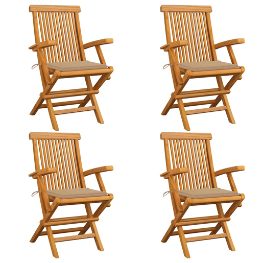 Cadeiras de jardim - Cadeiras de exterior c almofadões beges 4 pcs teca maciça