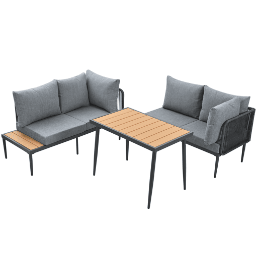 Conjunto de sala de jantar de jardim com 5 peças - Sofás de canto + mesa de jantar, estrutura em aço galvanizado, mesa em plástico e madeira, cinzento