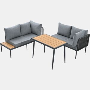 Conjunto de sala de jantar de jardim com 5 peças - Sofás de canto + mesa de jantar, estrutura em aço galvanizado, mesa em plástico e madeira, cinzento