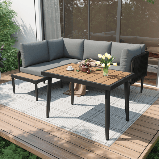 Conjunto de sala de jantar de jardim com 5 peças - Sofás de canto + mesa de jantar, estrutura em aço galvanizado, mesa em plástico e madeira, cinzento