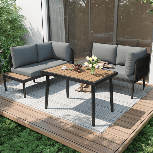 Conjunto de sala de jantar de jardim com 5 peças - Sofás de canto + mesa de jantar, estrutura em aço galvanizado, mesa em plástico e madeira, cinzento