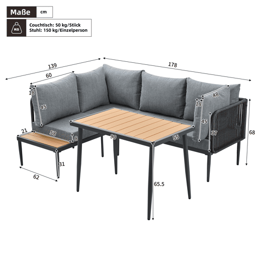 Conjunto de sala de jantar de jardim com 5 peças - Sofás de canto + mesa de jantar, estrutura em aço galvanizado, mesa em plástico e madeira, cinzento
