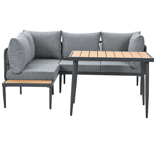 Conjunto de sala de jantar de jardim com 5 peças - Sofás de canto + mesa de jantar, estrutura em aço galvanizado, mesa em plástico e madeira, cinzento