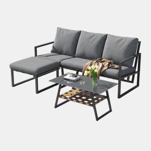 Conjunto de móveis de jardim - Sofá + Mesa de centro + Pufe - Estrutura em aço galvanizado, mesa em vidro - Cinza