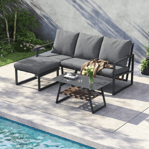 Conjunto de móveis de jardim - Sofá + Mesa de centro + Pufe - Estrutura em aço galvanizado, mesa em vidro - Cinza