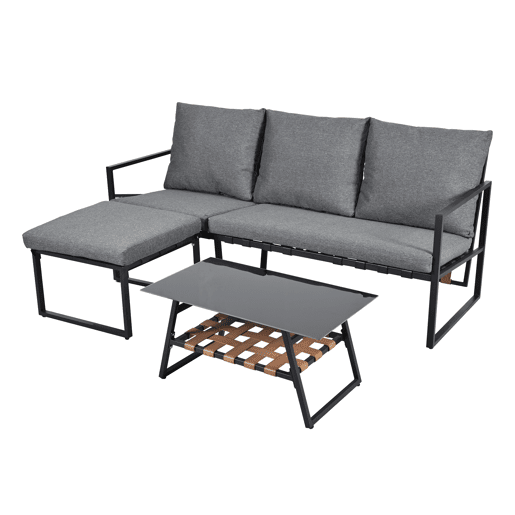 Conjunto de móveis de jardim - Sofá + Mesa de centro + Pufe - Estrutura em aço galvanizado, mesa em vidro - Cinza