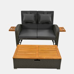 Conjunto de cadeiras de jardim para 2 pessoas - Encosto ajustável, apoio para os pés, com otomano ou como cama exterior - Rattan cinzento