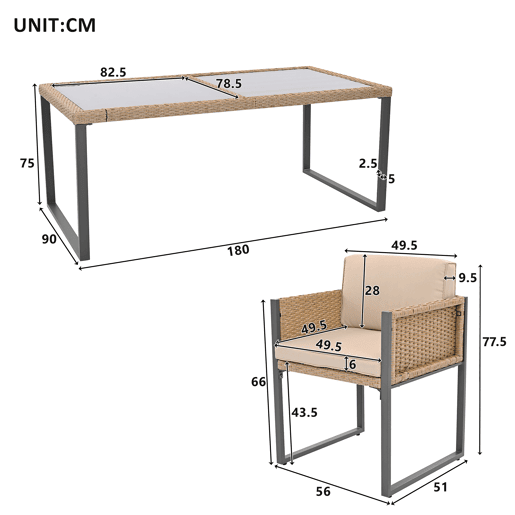 Conjunto de mesa e cadeiras em polirrattan - 6 pessoas - com capas removíveis e laváveis - Castanho