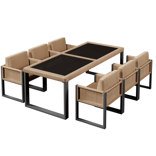 Conjunto de mesa e cadeiras em polirrattan - 6 pessoas - com capas removíveis e laváveis - Castanho