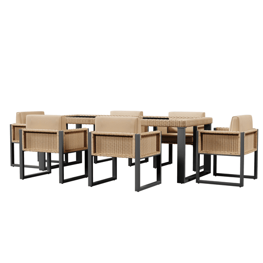Conjunto de mesa e cadeiras em polirrattan - 6 pessoas - com capas removíveis e laváveis - Castanho