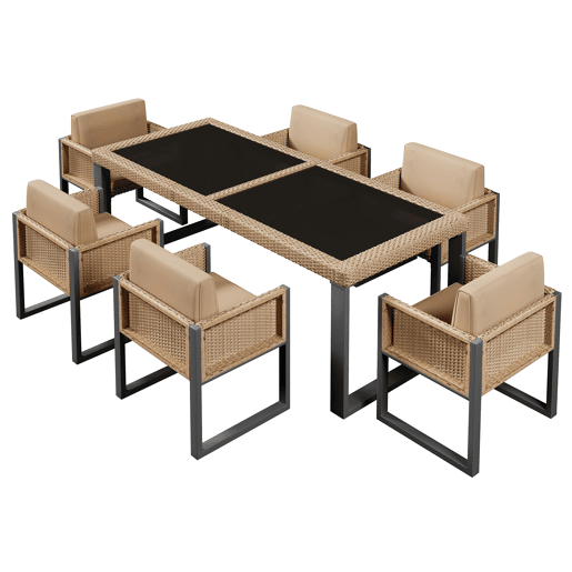 Conjunto de mesa e cadeiras em polirrattan - 6 pessoas - com capas removíveis e laváveis - Castanho
