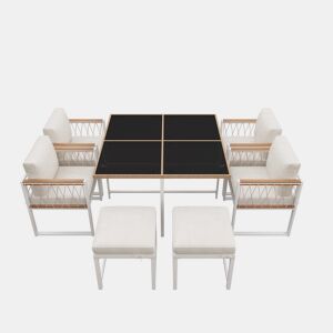 Conjunto de sala de jantar exterior de 7 peças - Mesa de vidro temperado com rebordo em rattan PE, tampo em acácia, para 6 pessoas - Natural+Branco