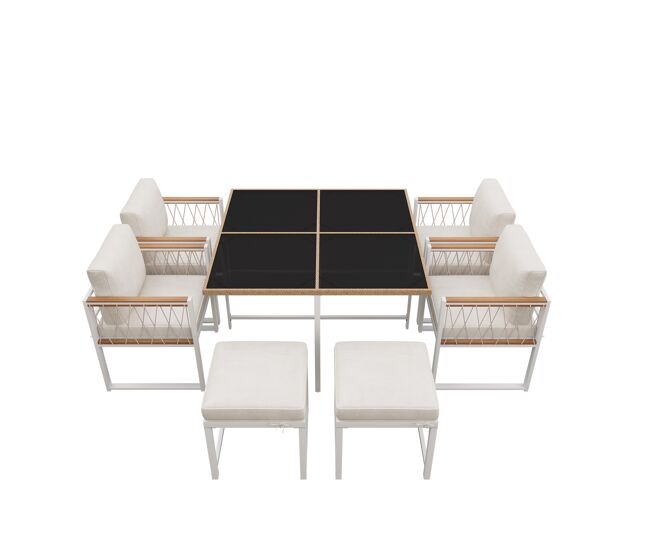 Juego comedor exterior 7 piezas - mesa de vidrio templado con borde de rattan pe, tabla de acacia, para 6 personas - natural+blanco