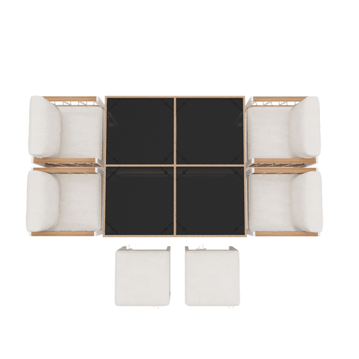 Conjunto de sala de jantar exterior de 7 peças - Mesa de vidro temperado com rebordo em rattan PE, tampo em acácia, para 6 pessoas - Natural+Branco