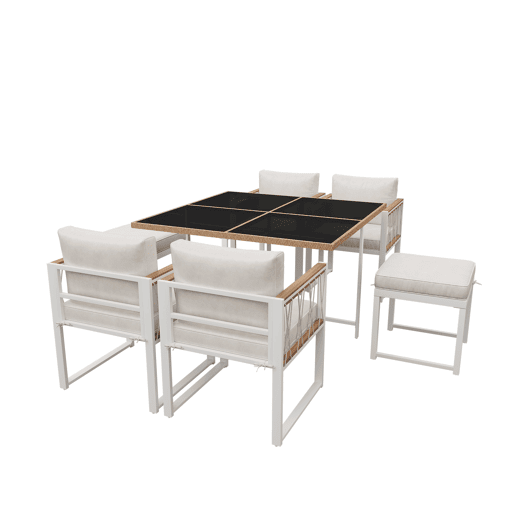 Conjunto de sala de jantar exterior de 7 peças - Mesa de vidro temperado com rebordo em rattan PE, tampo em acácia, para 6 pessoas - Natural+Branco