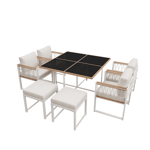 Conjunto de sala de jantar exterior de 7 peças - Mesa de vidro temperado com rebordo em rattan PE, tampo em acácia, para 6 pessoas - Natural+Branco