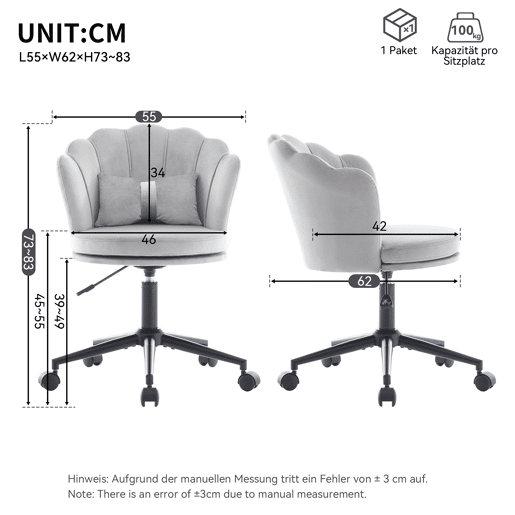Cadeira para vestir - Design moderno - Encosto em forma de pétalas, almofada lombar em forma de borboleta, altura ajustável, almofada macia - Cinza