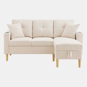 Sofá em L de 3 lugares - Com chaise longue, arrumação, porta-copos integrado, inclui 2 almofadas - Ideal para sala de estar, escritório, apartamento
