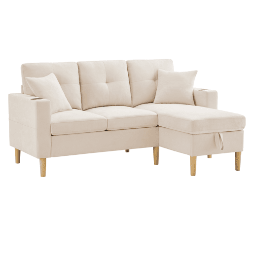 Sofá em L de 3 lugares - Com chaise longue, arrumação, porta-copos integrado, inclui 2 almofadas - Ideal para sala de estar, escritório, apartamento