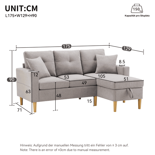 Sofá em L de 3 lugares - Com chaise longue, arrumação, porta-copos, 2 almofadas incluídas - Cinza claro
