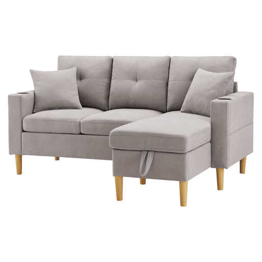Sofá em L de 3 lugares - Com chaise longue, arrumação, porta-copos, 2 almofadas incluídas - Cinza claro