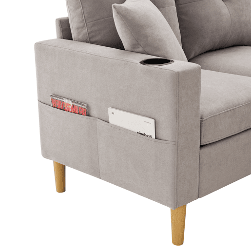 Sofá em L de 3 lugares - Com chaise longue, arrumação, porta-copos, 2 almofadas incluídas - Cinza claro