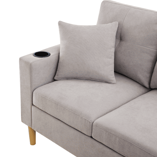 Sofá em L de 3 lugares - Com chaise longue, arrumação, porta-copos, 2 almofadas incluídas - Cinza claro