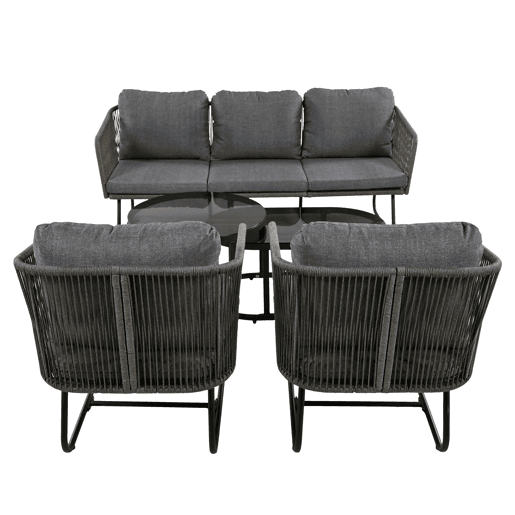 Conjunto de jardim Lounge 5 peças - Estrutura em ferro galvanizado, móveis de jardim em corda, pés ajustáveis, mesa em vidro liso - Cinza