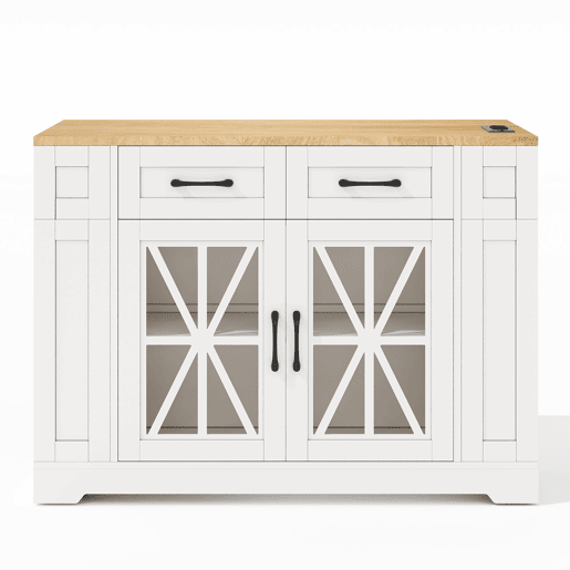 Ilha de cozinha portátil 120 cm - Mesa de jantar dobrável, prateleira aberta, tomada AC, porta USB, porta de vidro, laminado ajustável, rodas com travões - Branco + Natural