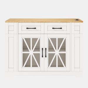 Ilha de cozinha portátil 120 cm - Mesa de jantar dobrável, prateleira aberta, tomada AC, porta USB, porta de vidro, laminado ajustável, rodas com travões - Branco + Natural