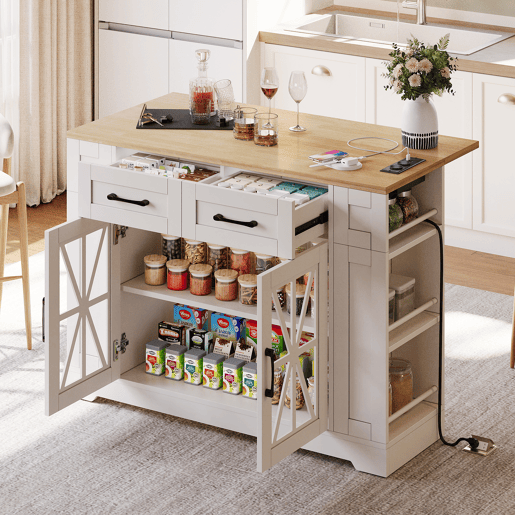 Ilha de cozinha portátil 120 cm - Mesa de jantar dobrável, prateleira aberta, tomada AC, porta USB, porta de vidro, laminado ajustável, rodas com travões - Branco + Natural