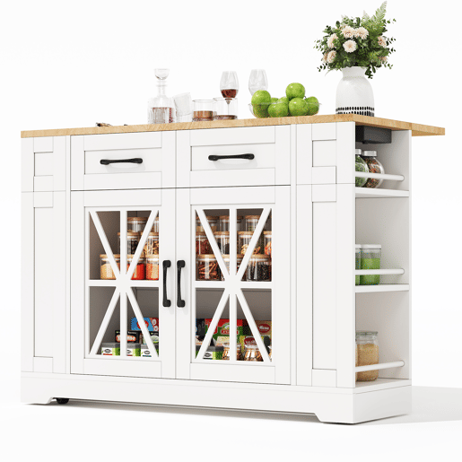 Ilha de cozinha portátil 120 cm - Mesa de jantar dobrável, prateleira aberta, tomada AC, porta USB, porta de vidro, laminado ajustável, rodas com travões - Branco + Natural