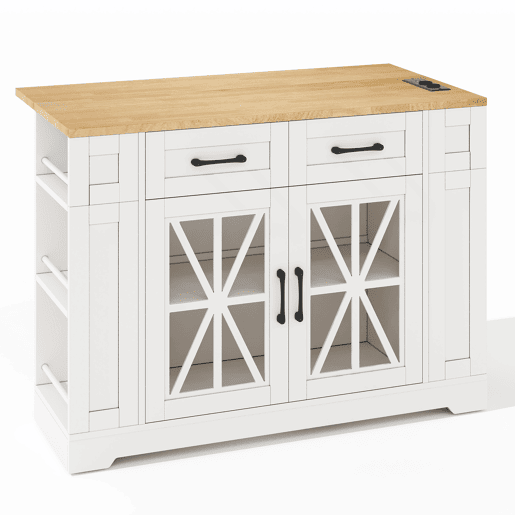 Ilha de cozinha portátil 120 cm - Mesa de jantar dobrável, prateleira aberta, tomada AC, porta USB, porta de vidro, laminado ajustável, rodas com travões - Branco + Natural