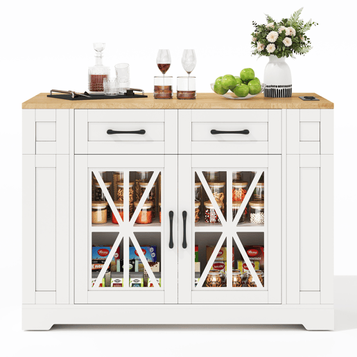 Ilha de cozinha portátil 120 cm - Mesa de jantar dobrável, prateleira aberta, tomada AC, porta USB, porta de vidro, laminado ajustável, rodas com travões - Branco + Natural