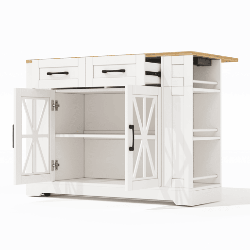 Ilha de cozinha portátil 120 cm - Mesa de jantar dobrável, prateleira aberta, tomada AC, porta USB, porta de vidro, laminado ajustável, rodas com travões - Branco + Natural