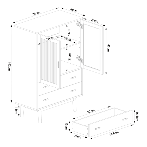 Vitrina Susa 2 portas e 2 gavetas 120x80x40 cm Beige en.casa