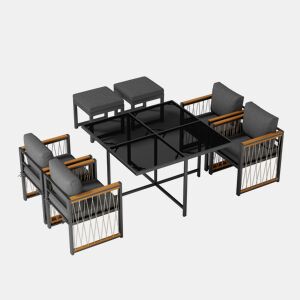 Conjunto de sala de jantar exterior de 7 peças - Mesa de vidro temperado, tampo em madeira de acácia, para 6 pessoas - Preto+Natural
