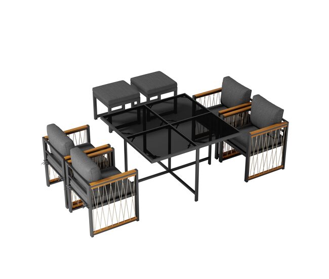 Juego de comedor exterior 7 piezas - mesa de vidrio templado, tablero de madera de acacia, para 6 personas - negro+natural