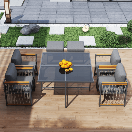 Conjunto de sala de jantar exterior de 7 peças - Mesa de vidro temperado, tampo em madeira de acácia, para 6 pessoas - Preto+Natural