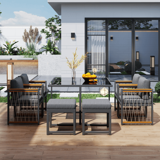 Conjunto de sala de jantar exterior de 7 peças - Mesa de vidro temperado, tampo em madeira de acácia, para 6 pessoas - Preto+Natural