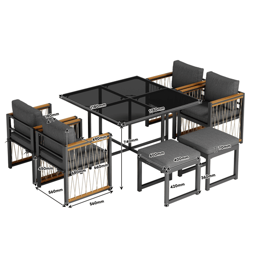 Conjunto de sala de jantar exterior de 7 peças - Mesa de vidro temperado, tampo em madeira de acácia, para 6 pessoas - Preto+Natural