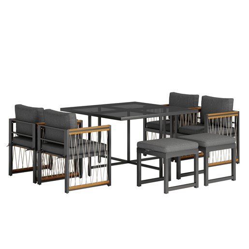 Conjunto de sala de jantar exterior de 7 peças - Mesa de vidro temperado, tampo em madeira de acácia, para 6 pessoas - Preto+Natural