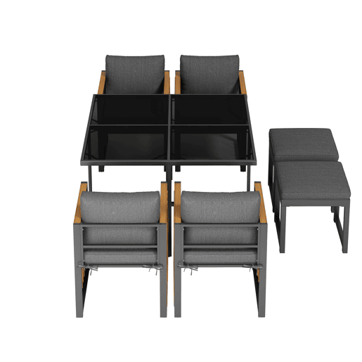 Conjunto de sala de jantar exterior de 7 peças - Mesa de vidro temperado, tampo em madeira de acácia, para 6 pessoas - Preto+Natural
