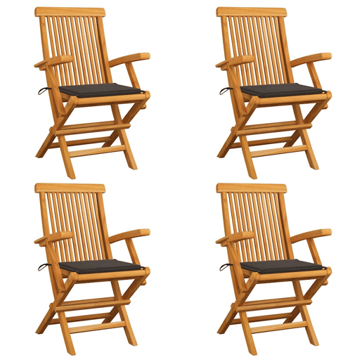 Cadeiras de jardim - Cadeiras de exterior c almofadões cinza-acast. 4 pcs teca maciça