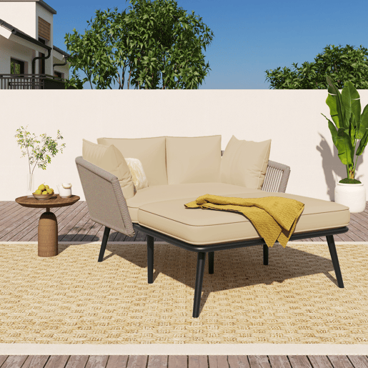 Sofá de jardim de 2 lugares - Com 2 almofadas e 2 almofadões, removíveis e laváveis - Cáqui