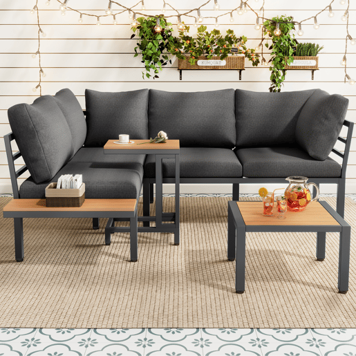 Conjunto de móveis de jardim - Sofá + mesa auxiliar + mesa de centro (pode ser usada como apoio para os pés) - Estrutura em aço galvanizado, superfície em madeira plástica - Cinza + Preto