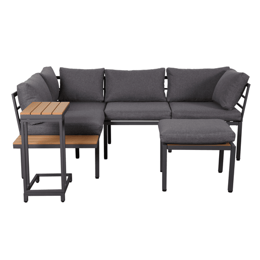 Conjunto de móveis de jardim - Sofá + mesa auxiliar + mesa de centro (pode ser usada como apoio para os pés) - Estrutura em aço galvanizado, superfície em madeira plástica - Cinza + Preto